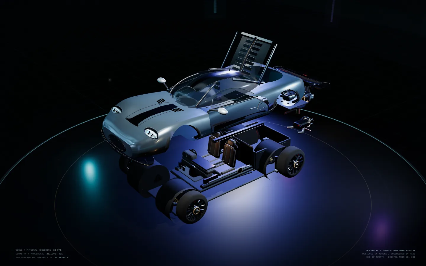 帕加尼 Huayra 的数字化拆解视图：V12 引擎与车身总成悬浮在暗色空间中